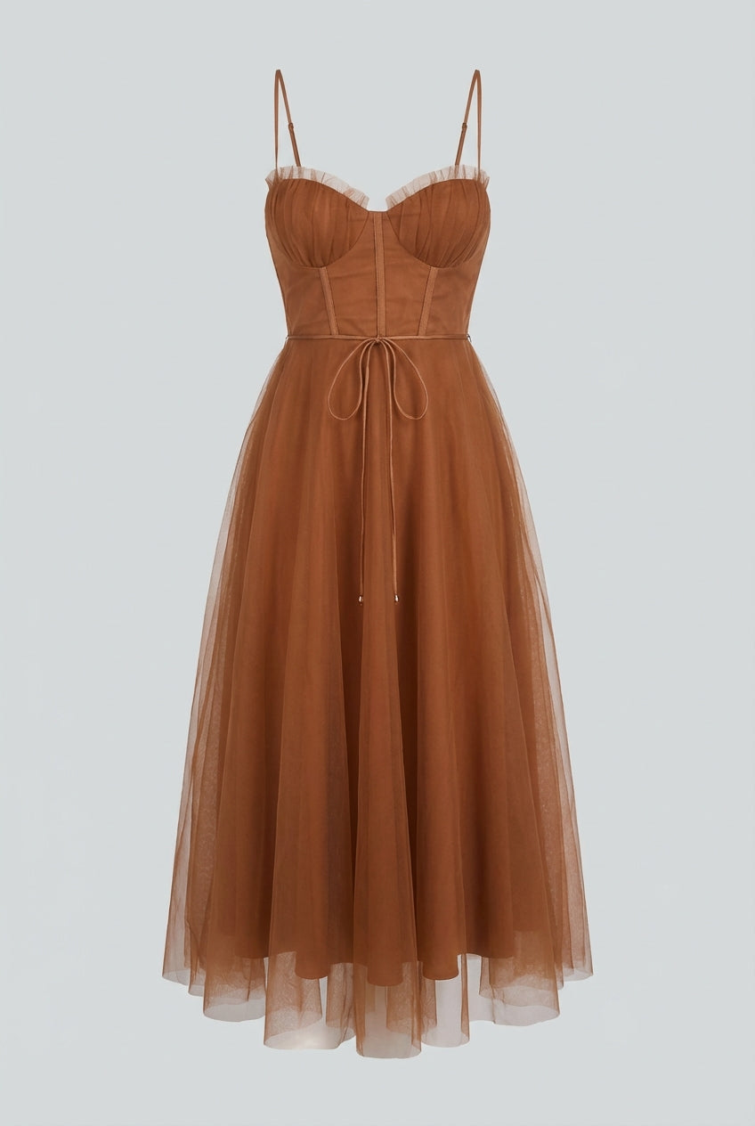 Women's Rust Chiffon Midi Dress with Corset Bodice & Ruffle Trim - Premium Quality, Fast Shipping