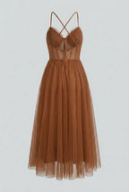 Women's Rust Chiffon Midi Dress with Corset Bodice & Ruffle Trim - Premium Quality, Fast Shipping