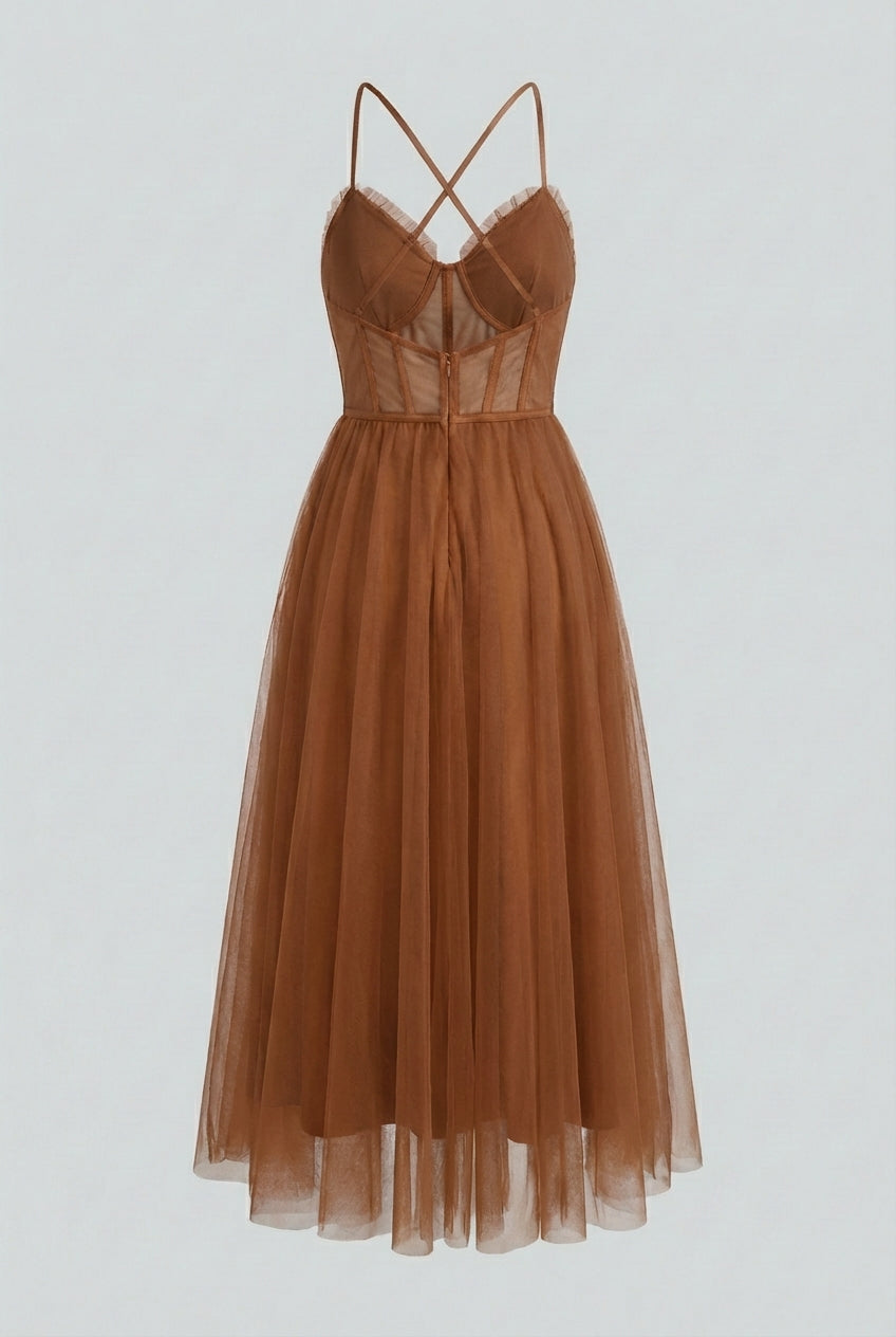 Women's Rust Chiffon Midi Dress with Corset Bodice & Ruffle Trim - Premium Quality, Fast Shipping