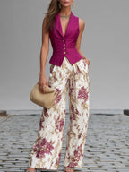 Maya | Spandex-Blend Sleeveless Vest & Floral Wide-Leg Pants Set