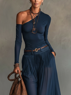 Camila | One-Shoulder Jersey Bodysuit & Sheer Chiffon Maxi Skirt Set