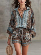 Serena | Button-Down Shirt & Drawstring Shorts, Baroque Print