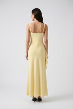 Yellow Slit Dress - Chic Square Neck Evening Style