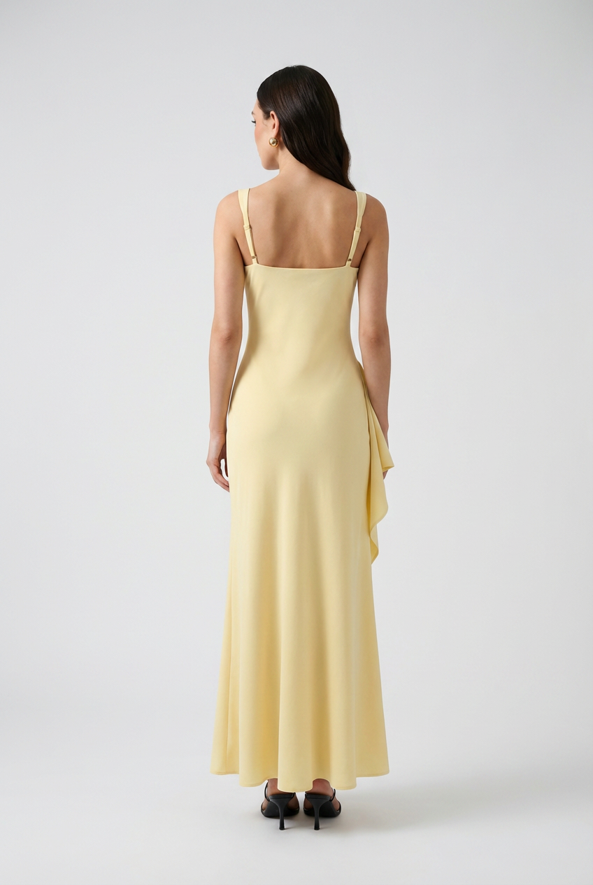 Yellow Slit Dress - Chic Square Neck Evening Style