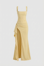 Yellow Slit Dress - Chic Square Neck Evening Style