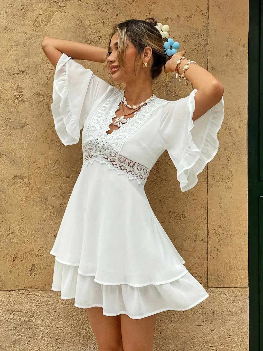 Yvette | Elegant Women’s 2026 Graduation Lace Flounce Boho Mini Dress