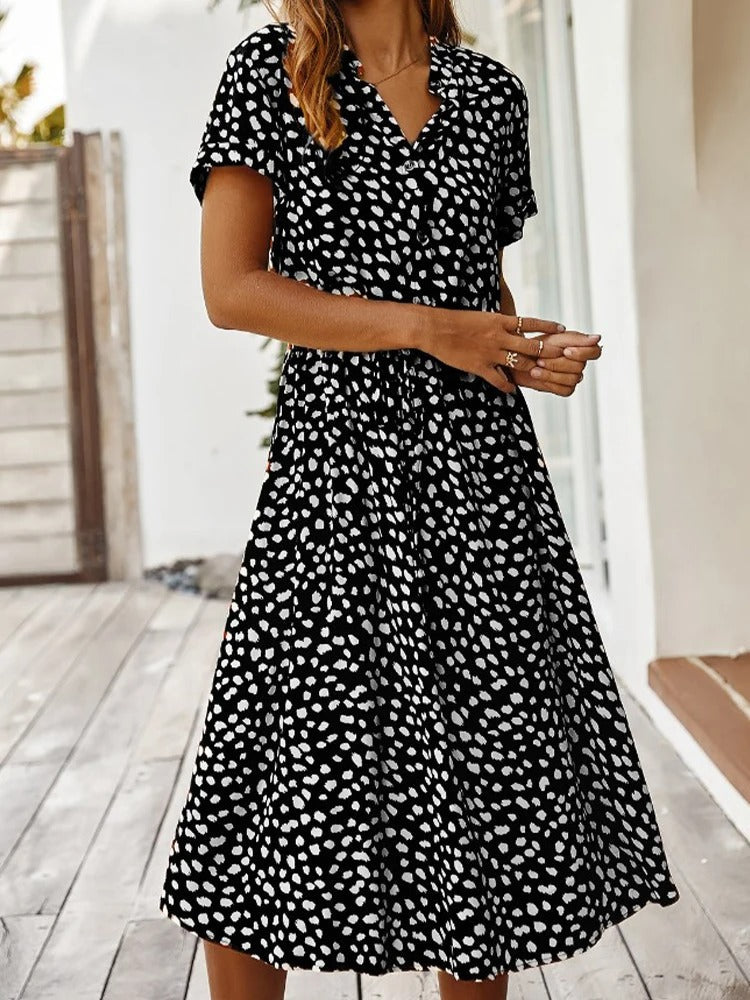 Elizabeth - Women's Animal Print Short Sleeve Midi Shirt Dress