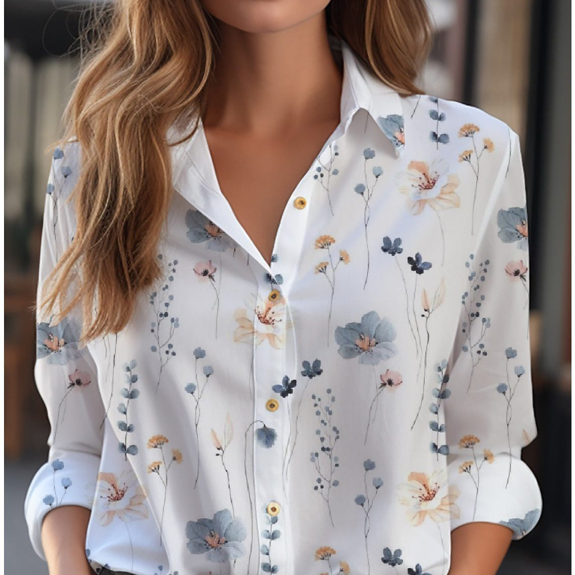 Inge - Women's Shirt Blouse with Floral Print and Button Placket