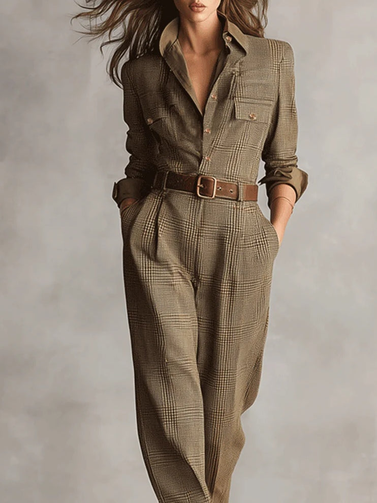 Anna | Elegant Checkered Jumpsuit - Brown Detail