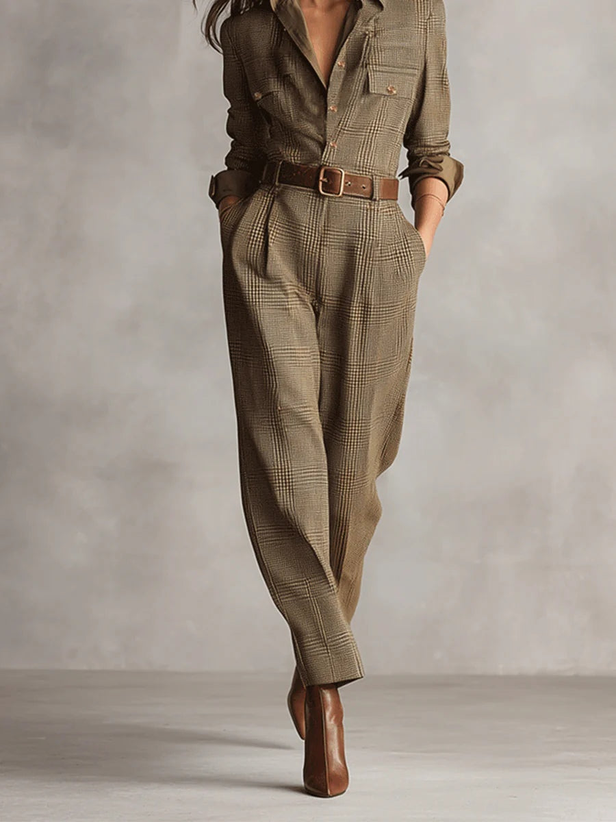 Anna | Elegant Checkered Jumpsuit - Brown Detail