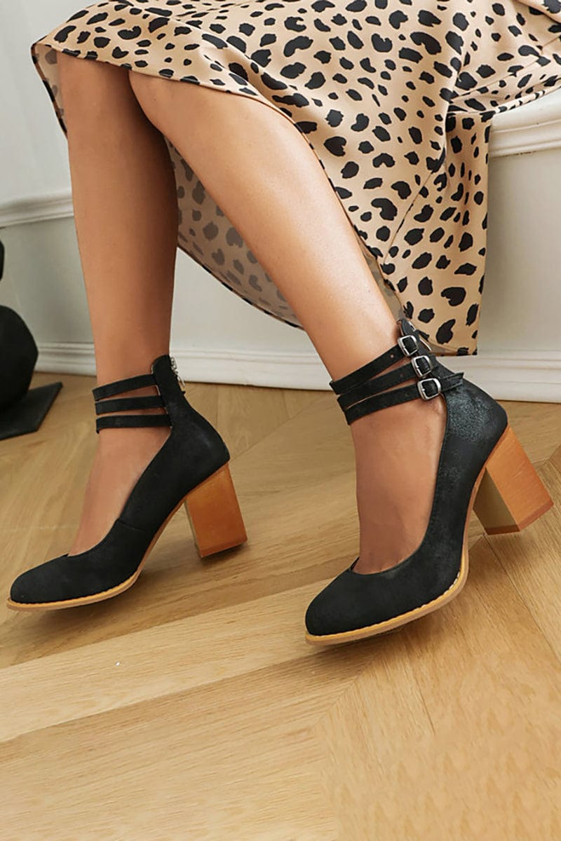 Ariana Black Triple Buckle Block Heels worn