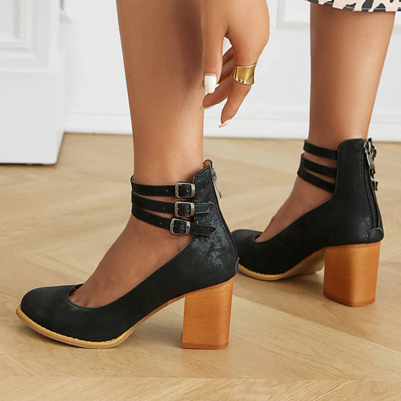 Ariana Black Triple Buckle Block Heels side view