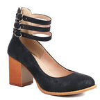 Ariana Black Triple Buckle Block Heel detail
