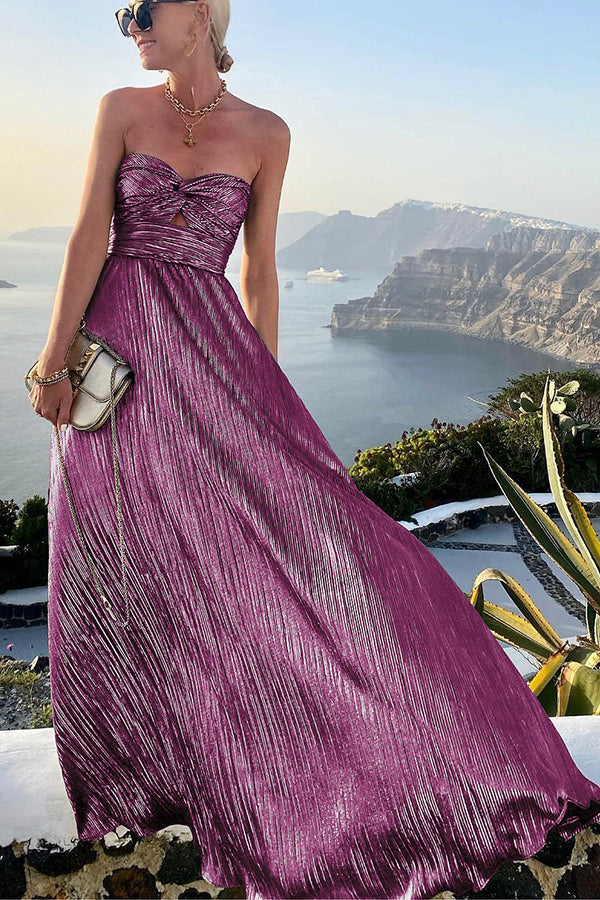 Women's Formal Strapless Pleated Metallic Maxi Dress