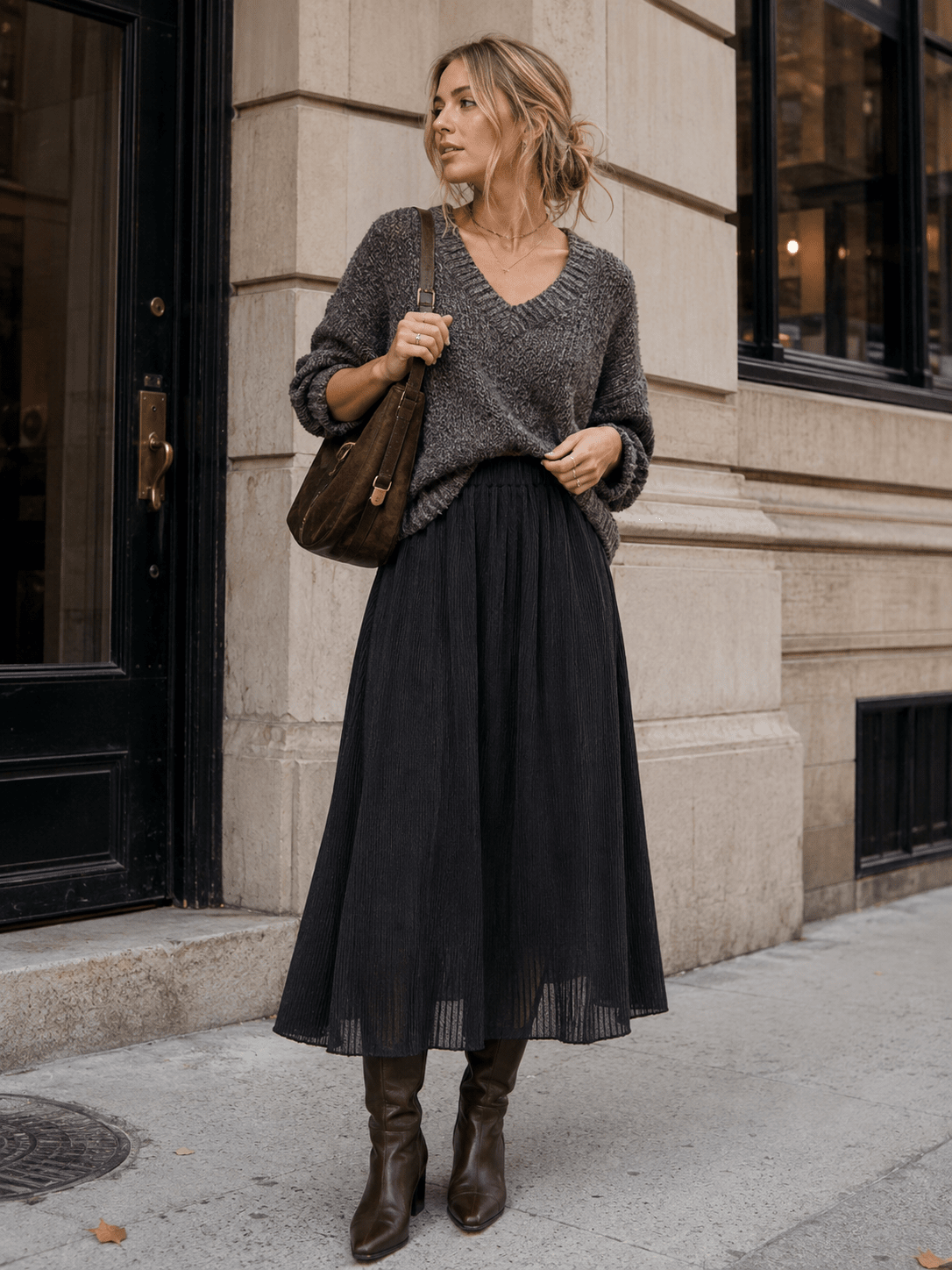Black pleated midi skirt styled with knit