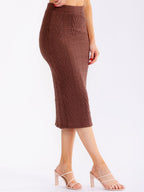 Brown ribbed pencil midi skirt front