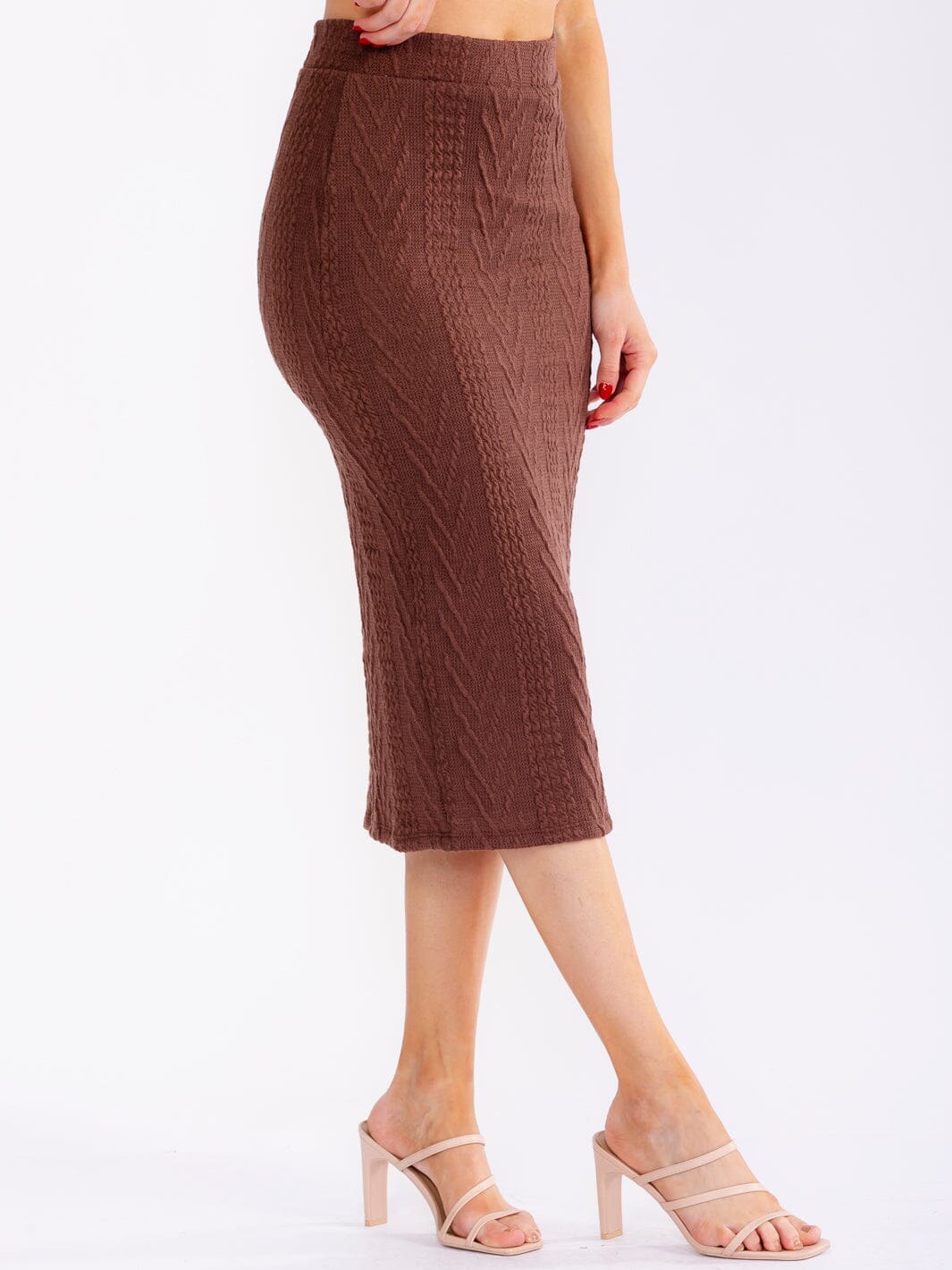 Brown ribbed pencil midi skirt front