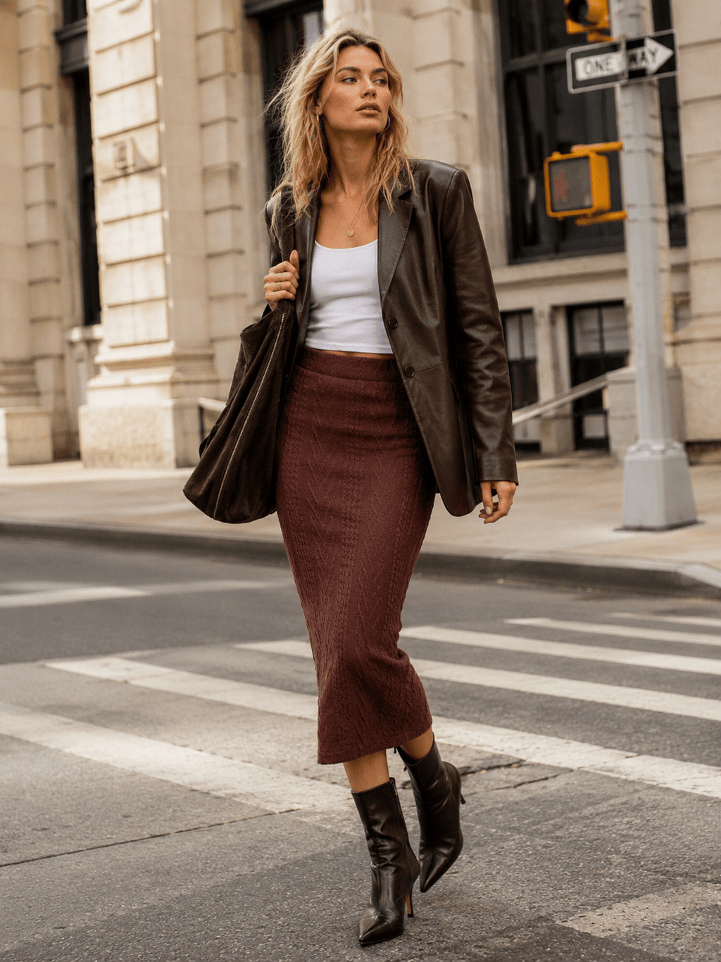 Brown ribbed pencil midi skirt on model