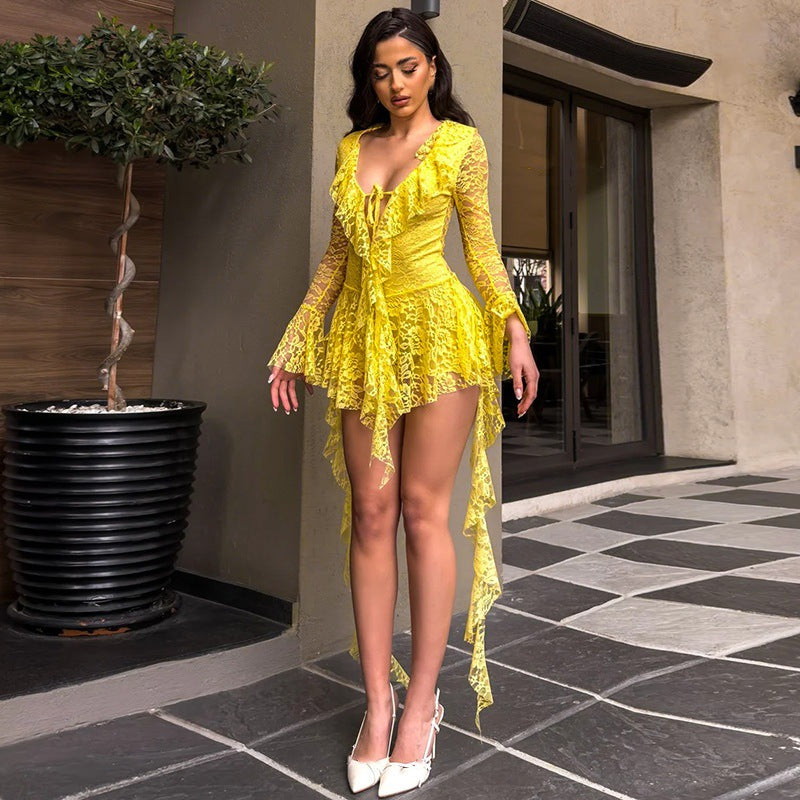 LUMIÈRE™ | Lace Ruffle Long Sleeve Mini Dress 5