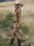 Fiona | Retro Western-style Light Brown Sleeveless Midi Dress