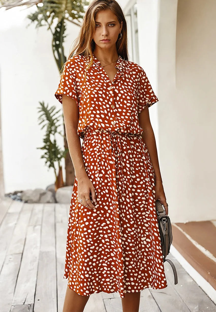 Elizabeth - Women's Animal Print Short Sleeve Midi Shirt Dress