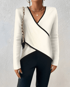 Samantha - Two-Tone Wrap-Front V-Neck Long Sleeve Top