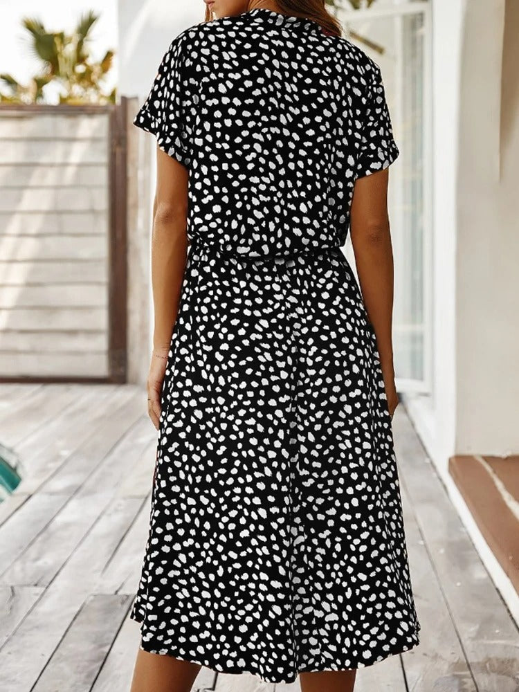 Elizabeth - Women's Animal Print Short Sleeve Midi Shirt Dress