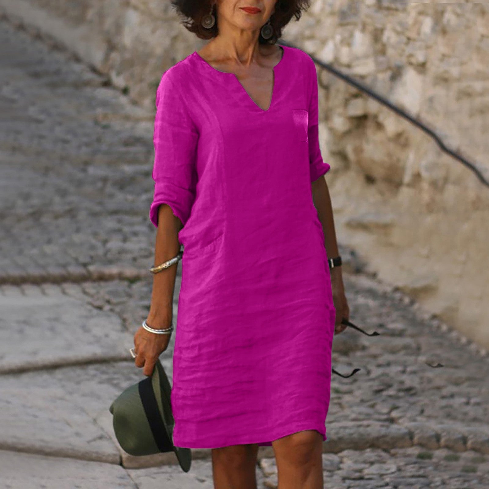 Jessica - Women's Split-Neck Linen Shift Dress with 3/4 Sleeves