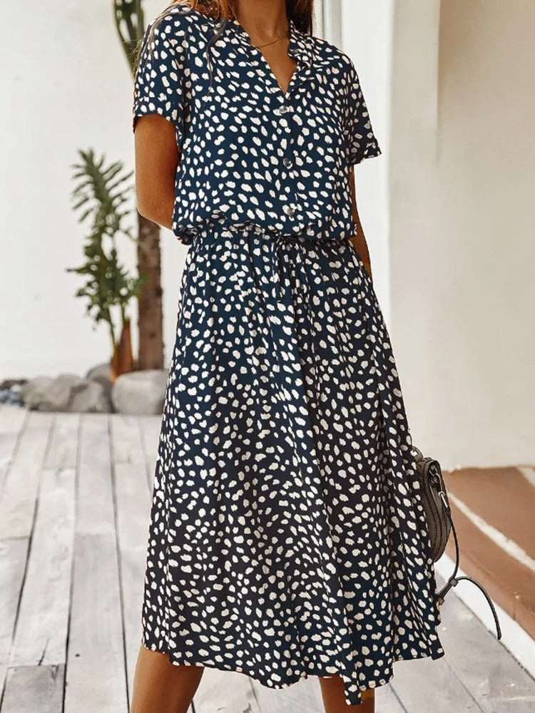 Elizabeth - Women's Animal Print Short Sleeve Midi Shirt Dress
