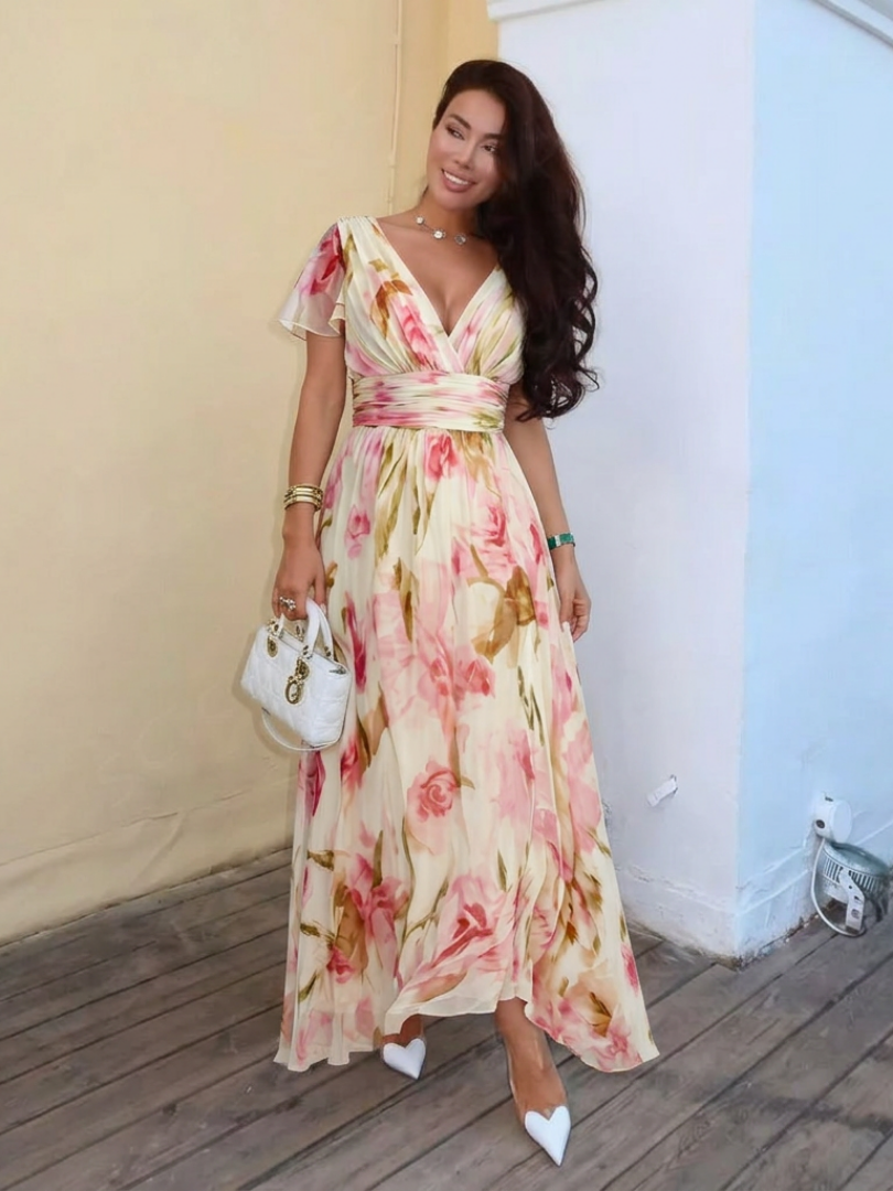 Elara | V Neck Short Sleeve Floral Maxi Dress 6