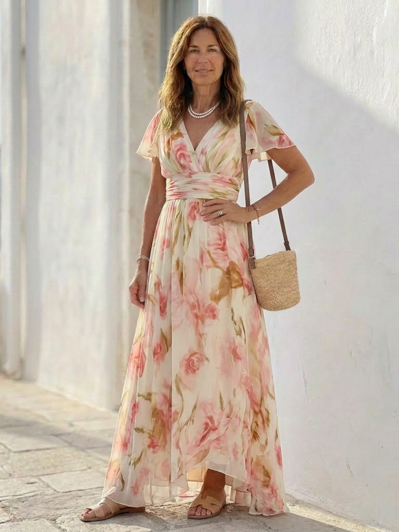 Elara | V Neck Short Sleeve Floral Maxi Dress 5