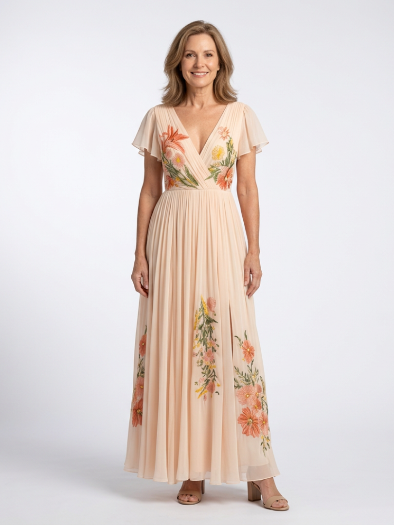 Calista | V Neck Short Sleeve Pleated Floral Maxi Dress 1