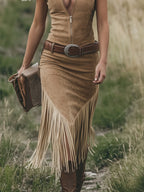 Fiona | Retro Western-style Light Brown Sleeveless Midi Dress