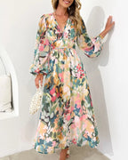 Women's Floral Print Midi Dress with V-Neck and Long Sleeves
