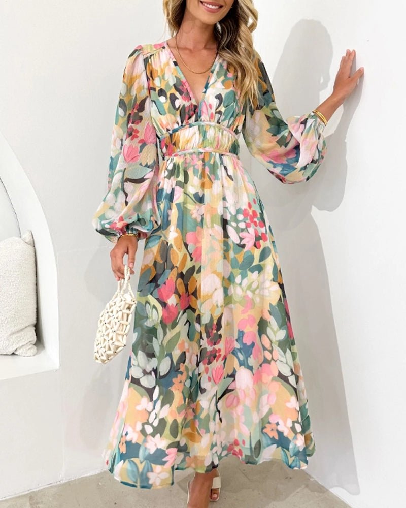 Women's Floral Print Midi Dress with V-Neck and Long Sleeves