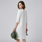Jessica - Women's Split-Neck Linen Shift Dress with 3/4 Sleeves