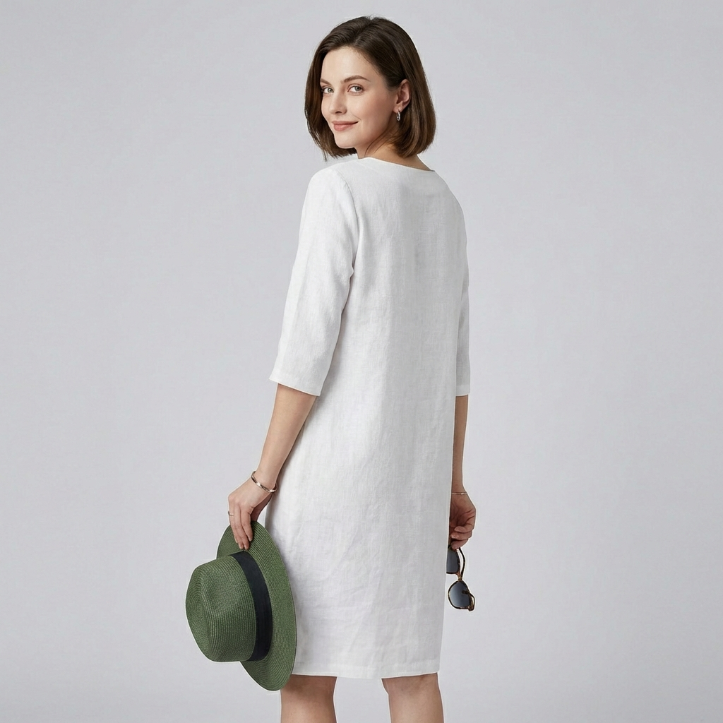 Jessica - Women's Split-Neck Linen Shift Dress with 3/4 Sleeves