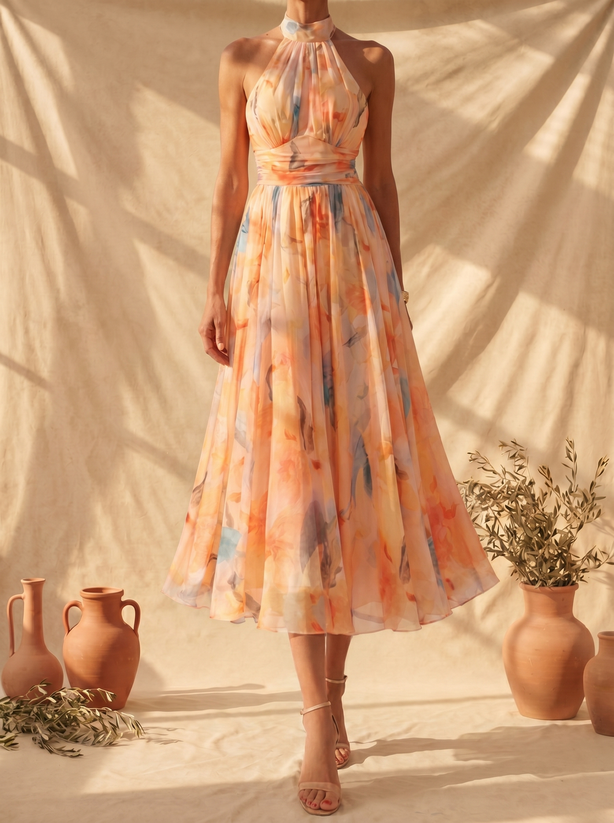 Aurora Halter Watercolor Maxi Dress
