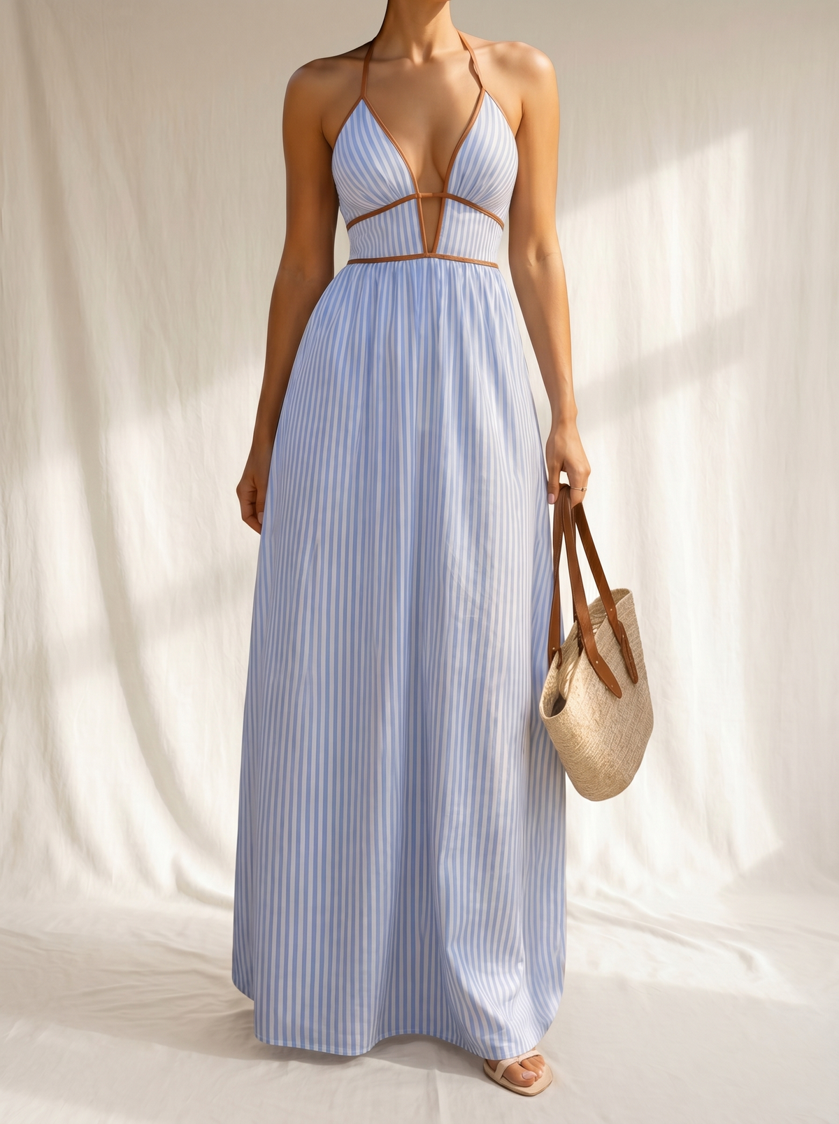 Laurina Striped Long Dress with Cut-Out Neckline