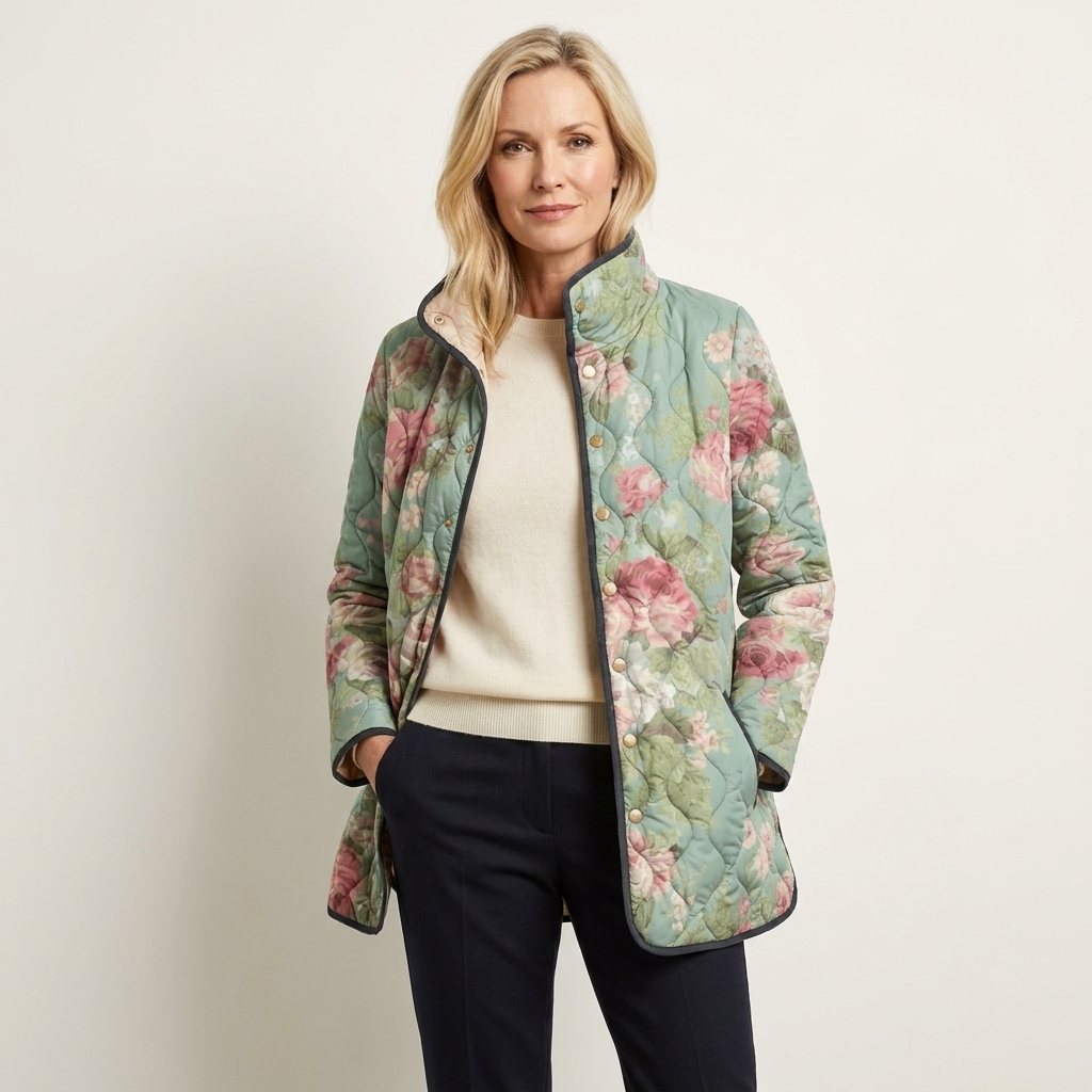 Carys Retro Floral Patterned Quilted Jacket - Front view