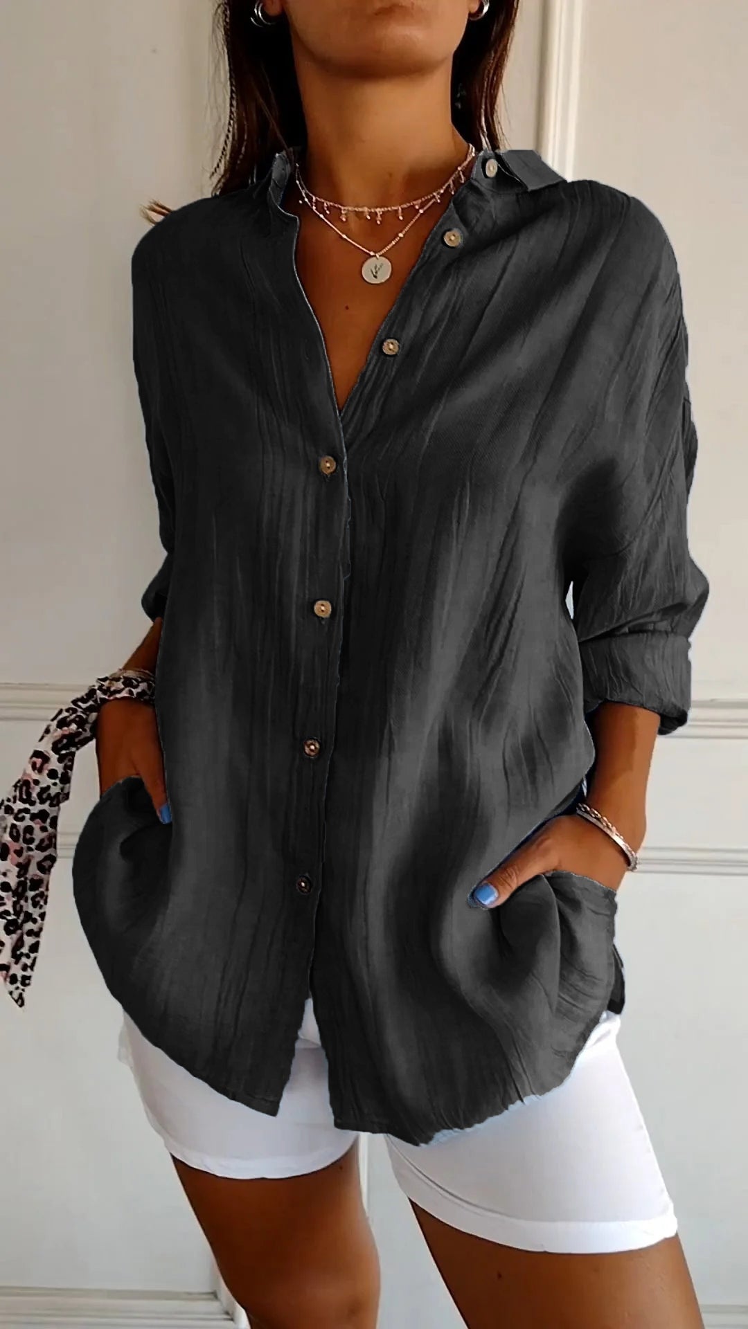 Barbara - Women's Oversized Crinkle Linen Button-Down Shirt