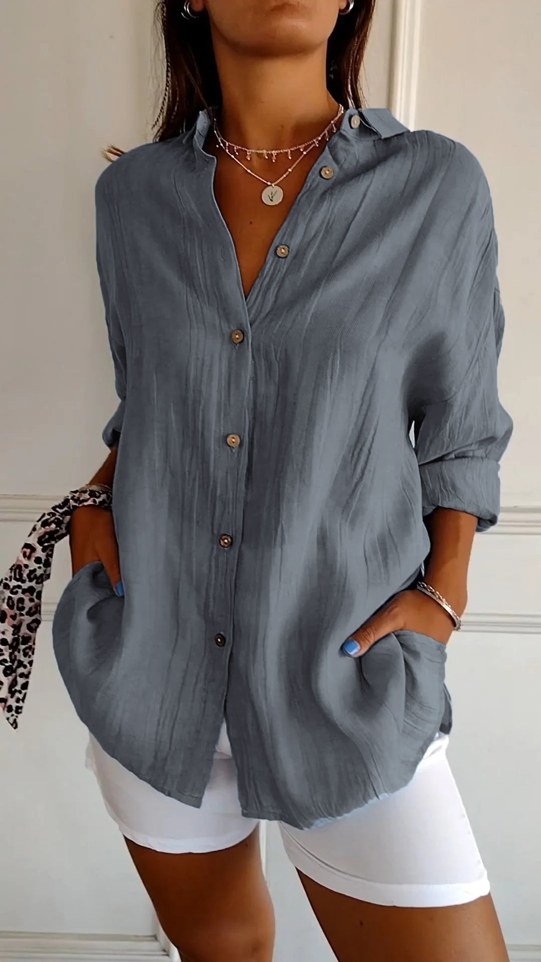 Barbara - Women's Oversized Crinkle Linen Button-Down Shirt