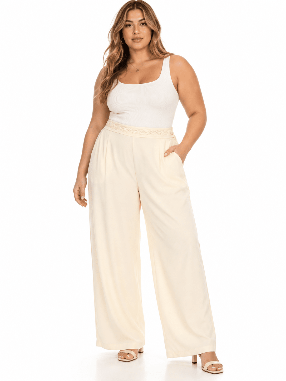 Crochet Waist Wide Leg Trousers – Ivory