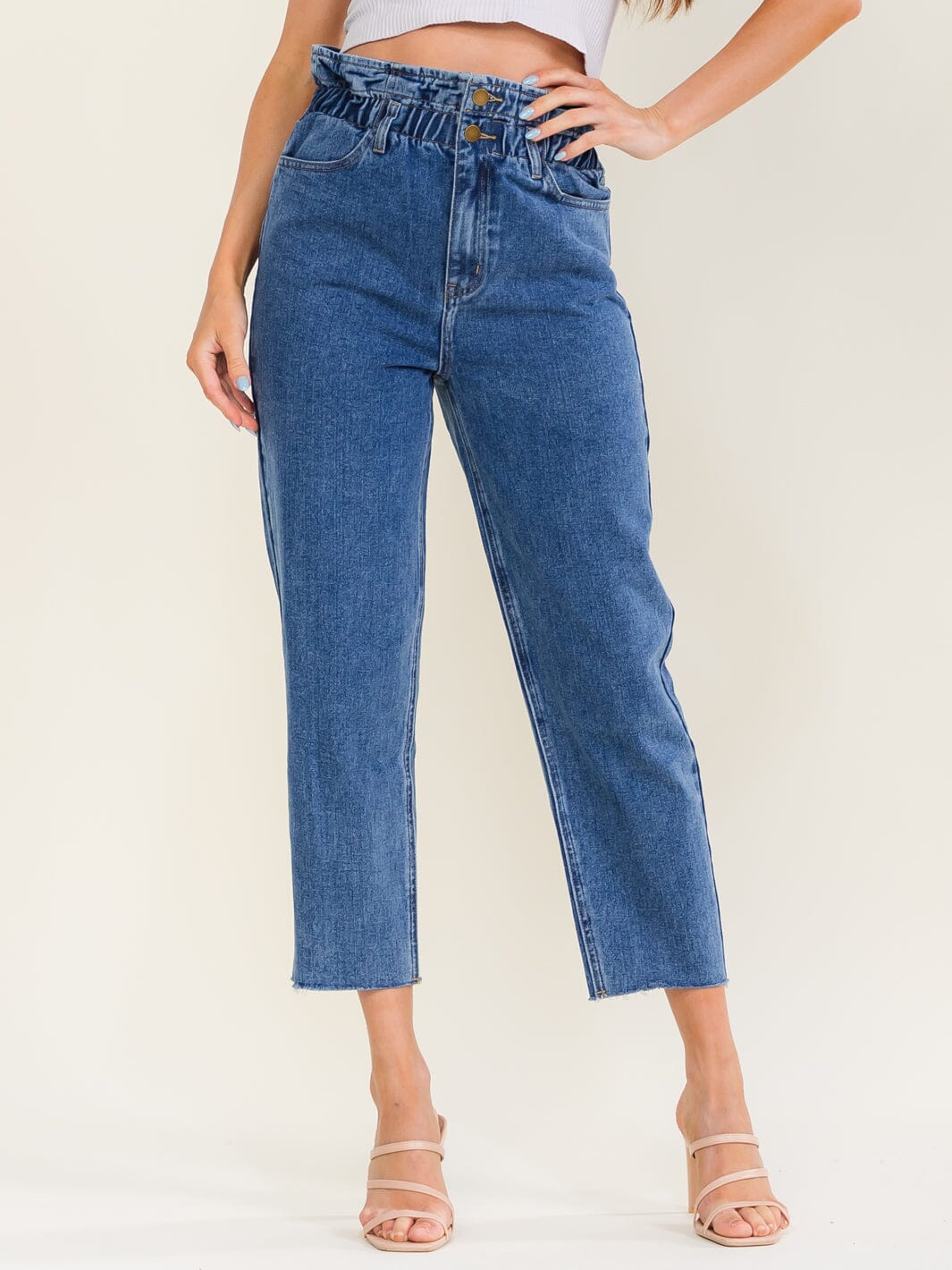 Elastic Waist Cropped Jeans – Mid Blue