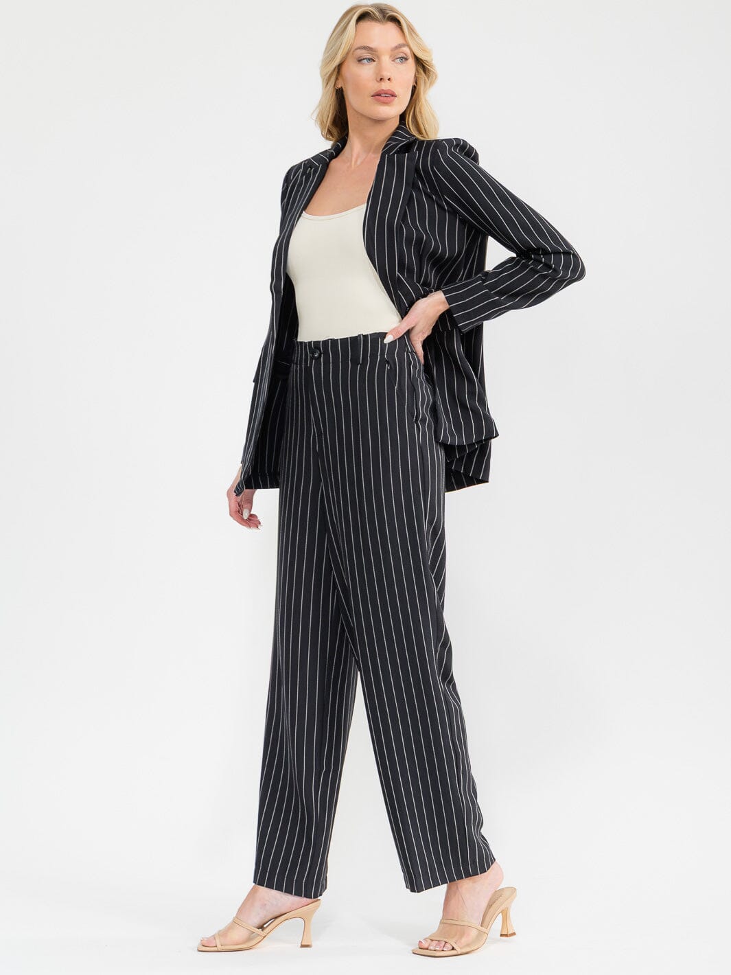 Pinstripe Wide Leg Trousers – Black