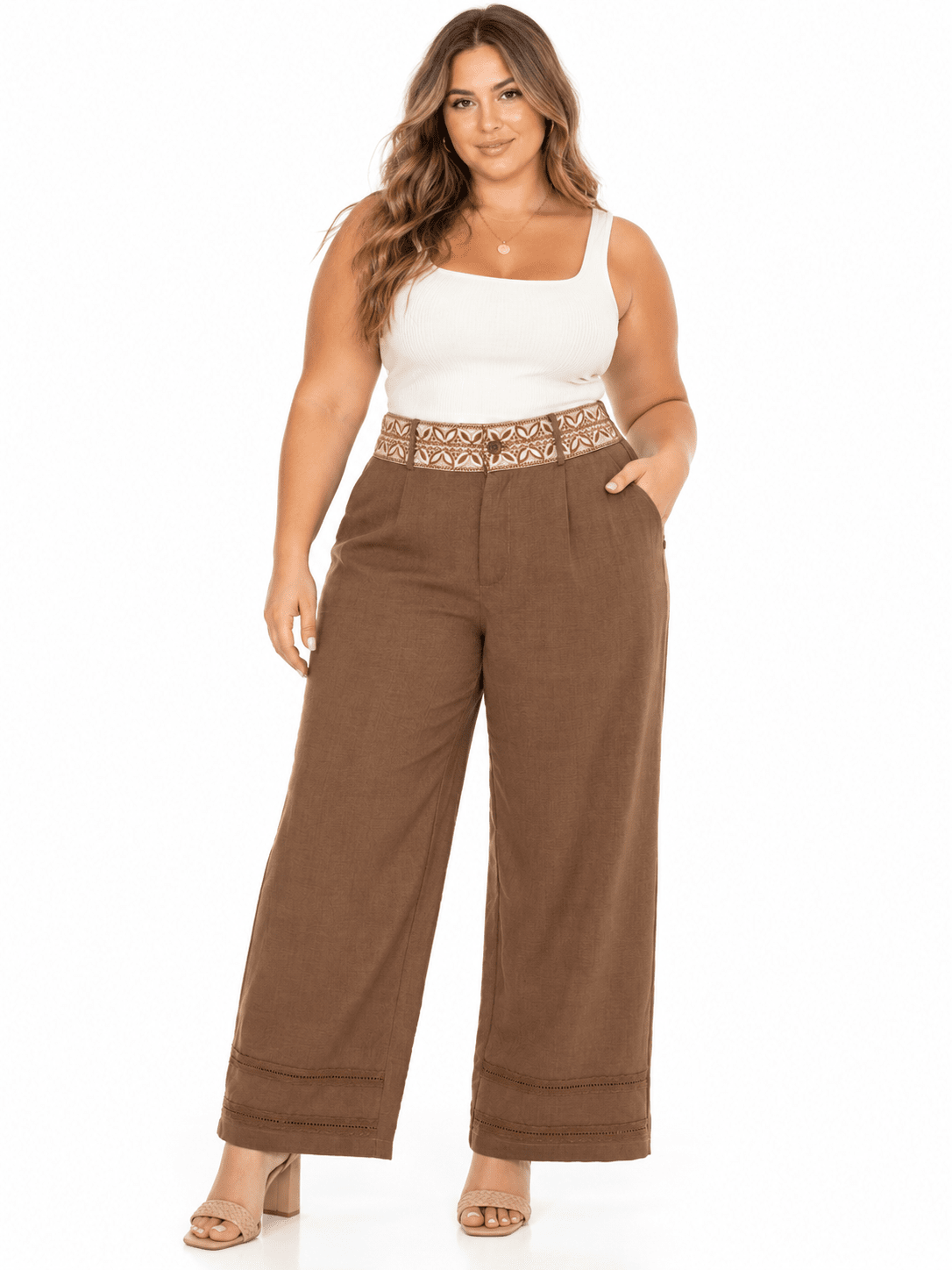 Embroidered Waist Wide Leg Trousers – Brown