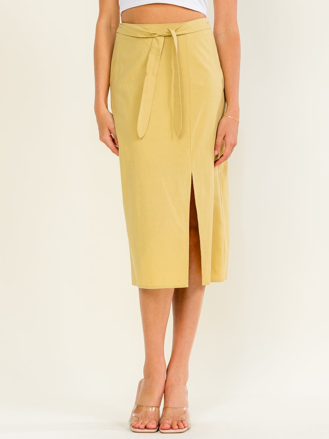 Belted Front Slit Midi Skirt – Butter Yellow
