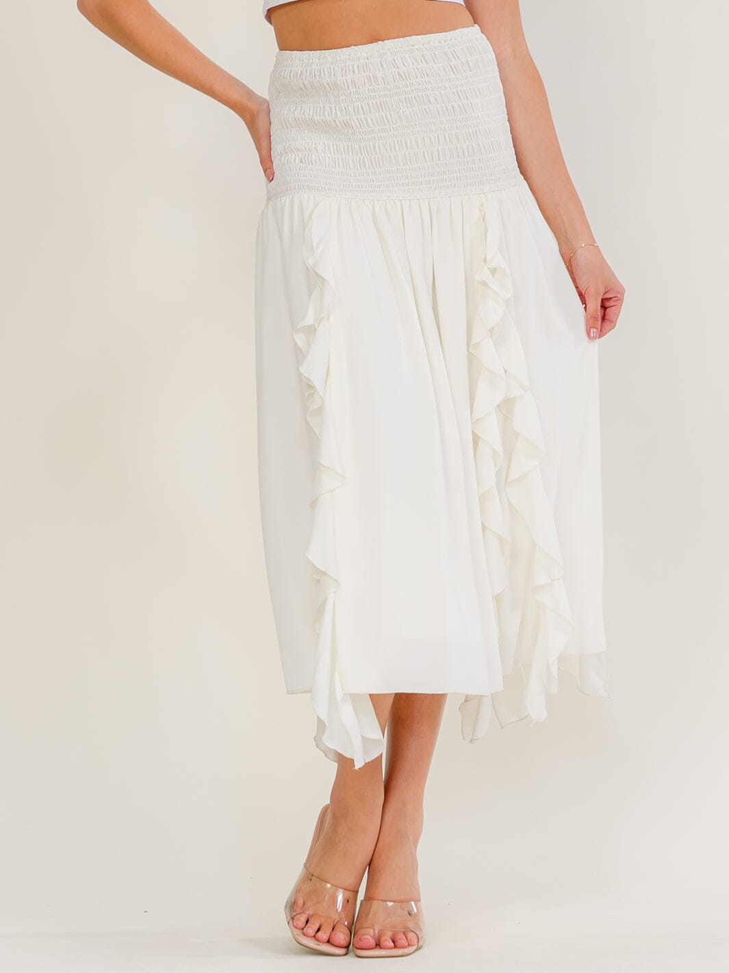 Smocked Ruffle Midi Skirt – Ivory