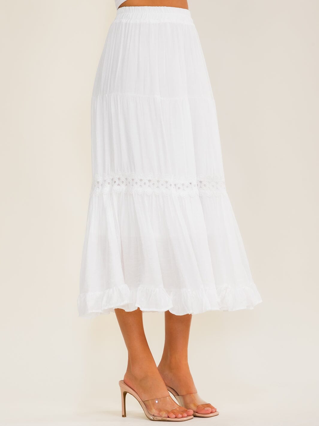 Crochet Detail Tiered Maxi Skirt – White