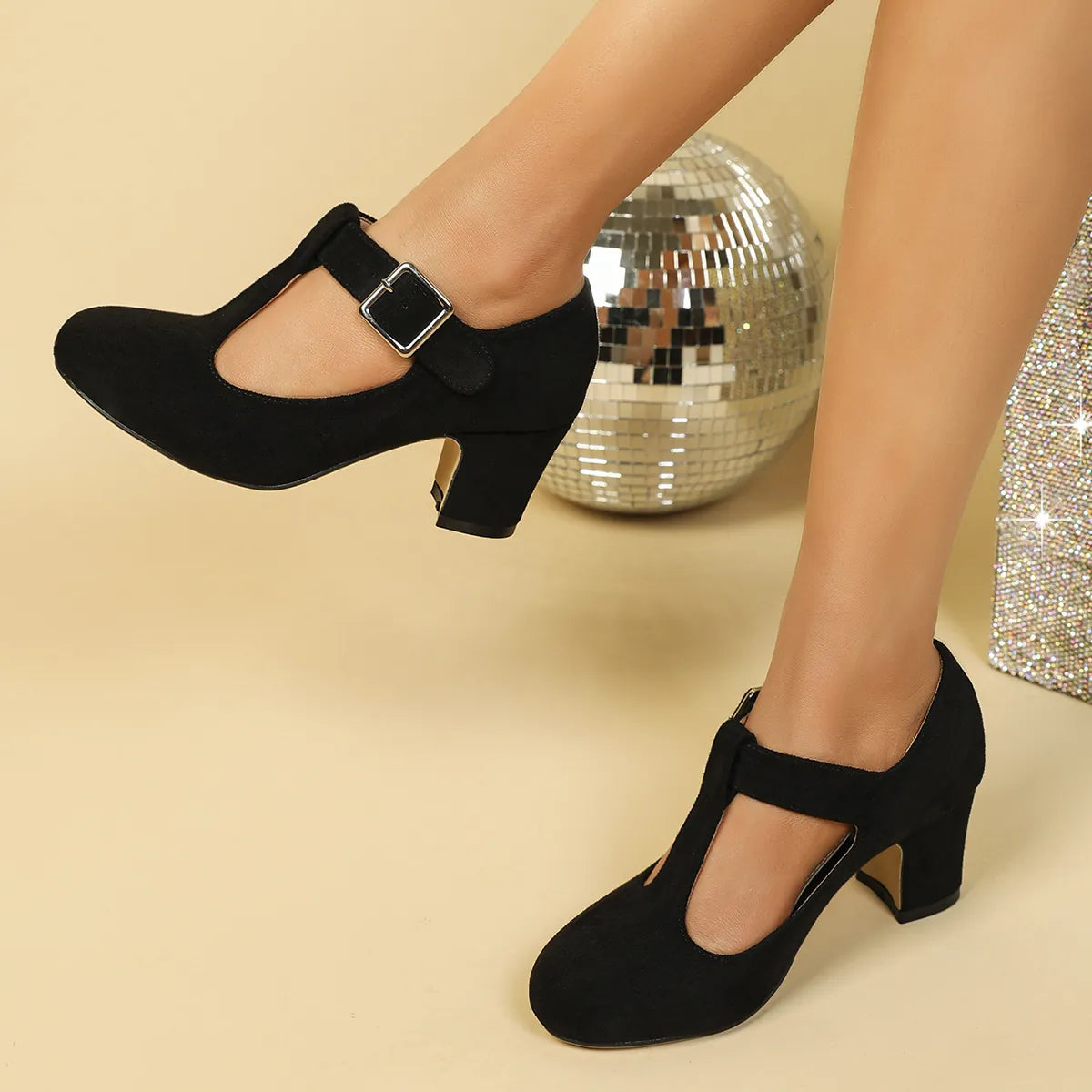 Black T-Strap Block Heels